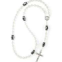 Silver White Black Flower Rosary