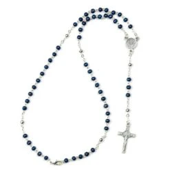 Mini St Benedict Blue Wood And Metal Rosary Necklace