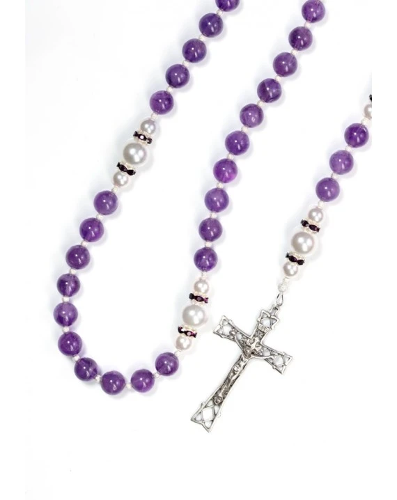 Amethyst, Pearls, Sterling Silver 925 Precious Crucifix And Center