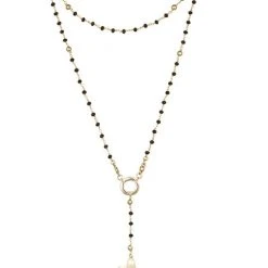 Crystal Rosary Necklace - Black - Metal Gold