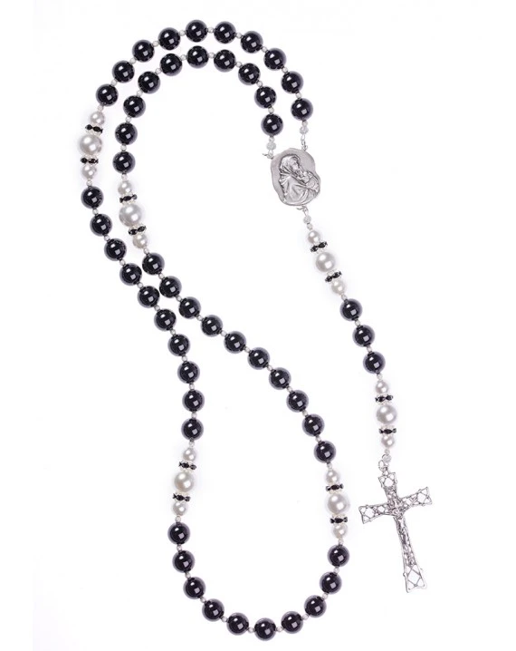 Black Onyx, Pearls, Sterling Silver 925 Precious Crucifix And Center