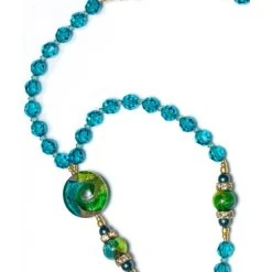Bluish Green Crystals And Murano Glass Rosary Necklace