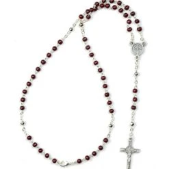 Mini St Benedict Dark Red Wood And Metal Rosary Necklace